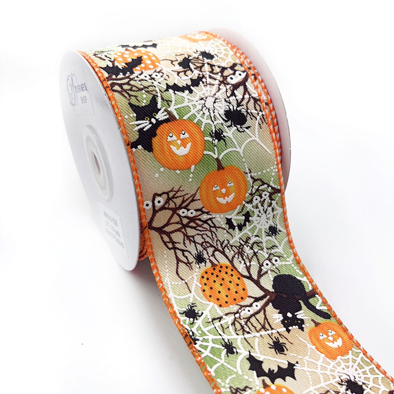 Designer’s Shop WR 63-5208 Halloween Night Scene Wired Ribbon – Pumpkins, Bats & Cobwebs – 2.5” x 10yd